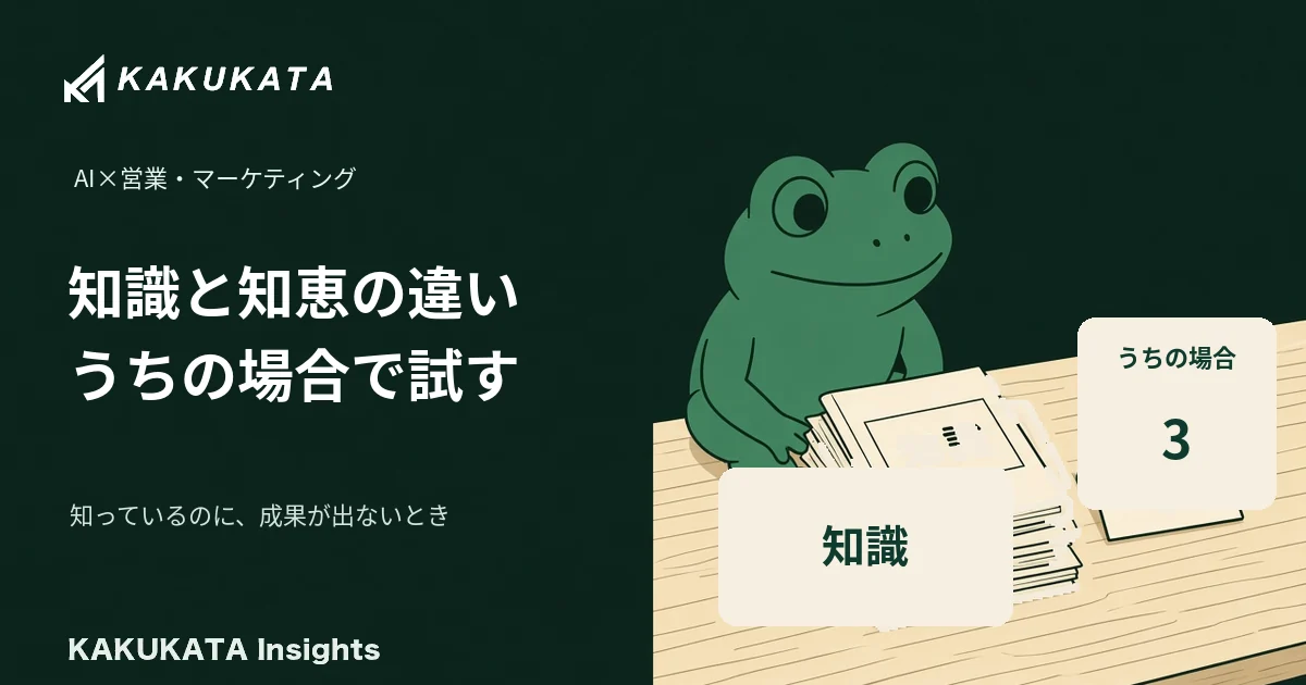 知識のノートの山と、「うちの場合」と数字が書かれたカードのあいだにいるカエル