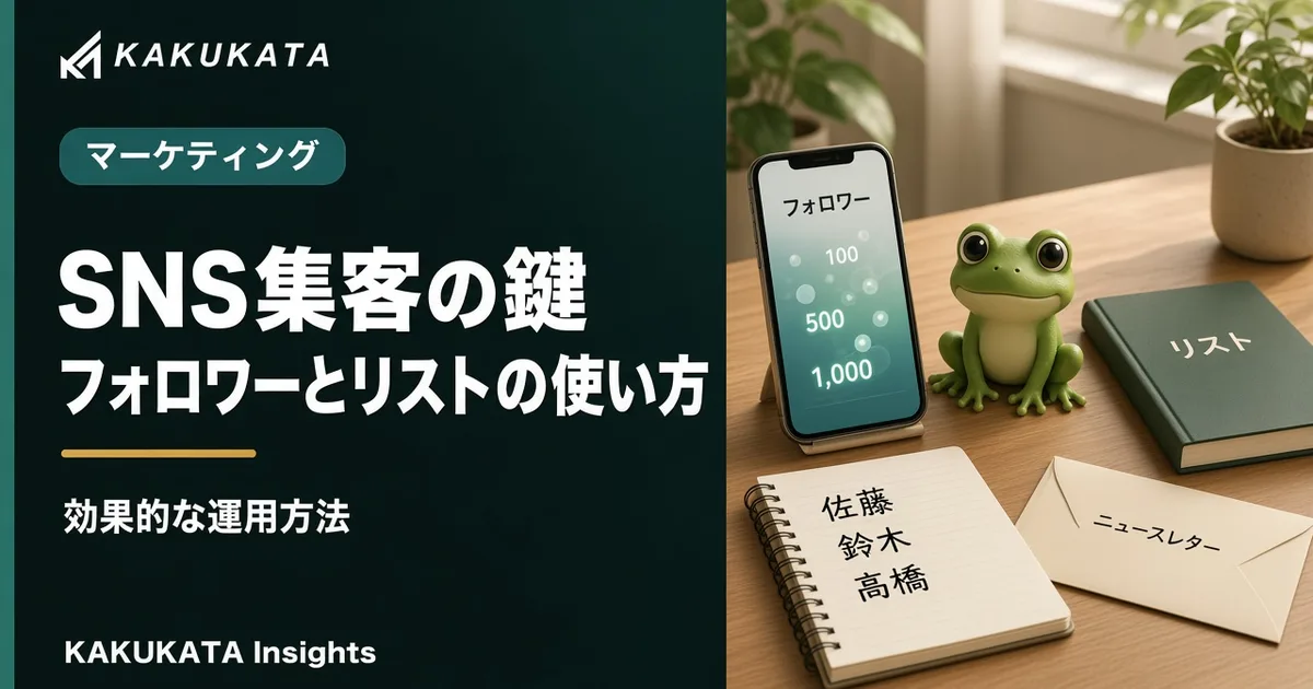 増えるフォロワー数の画面と、手元に残るリスト帳を並べて見るカエル