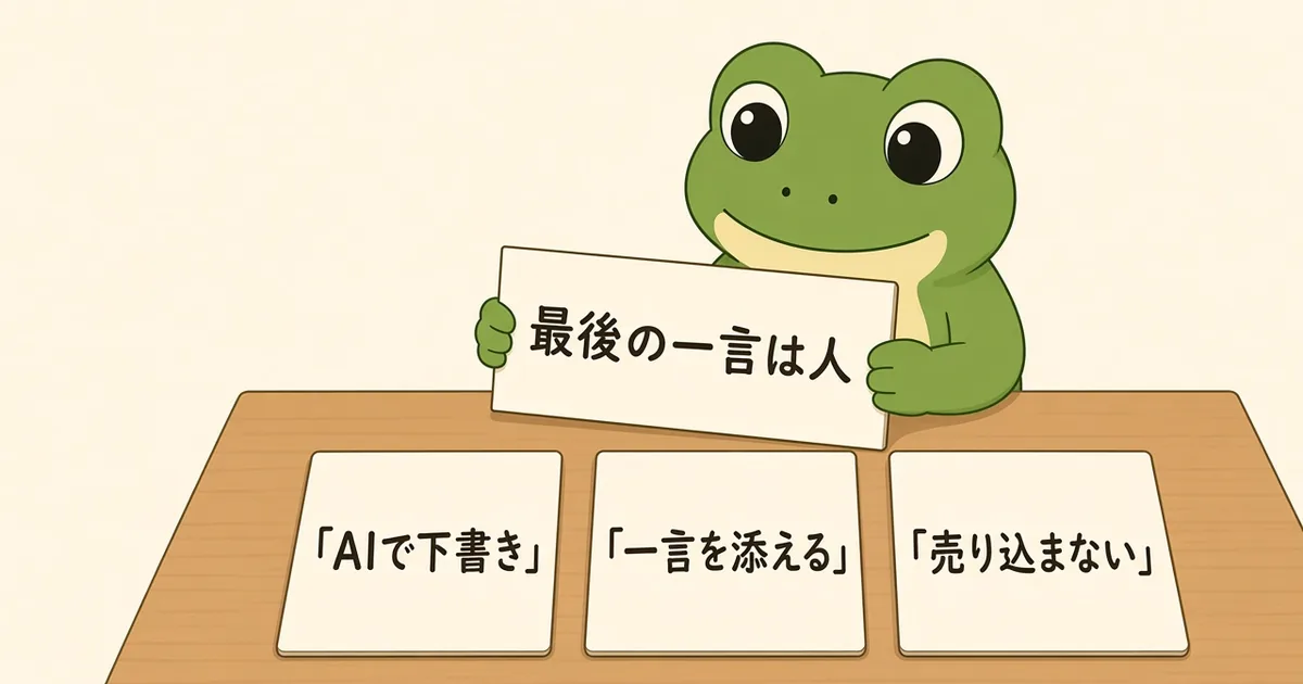 木の机でカエルが、AIが書いた下書きの束の上に、「最後の一言」と書いた手書きのカードを一枚そっと添えているイラスト