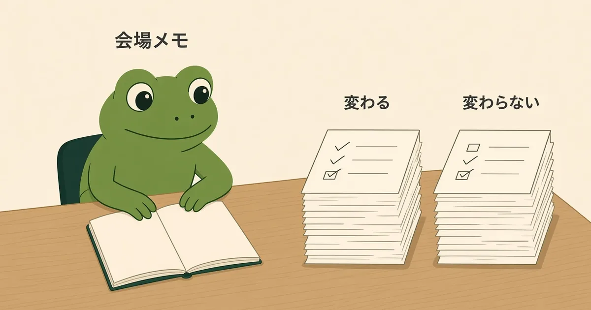 会場メモと、変わること・変わらないことの二列を机の上で見るカエル