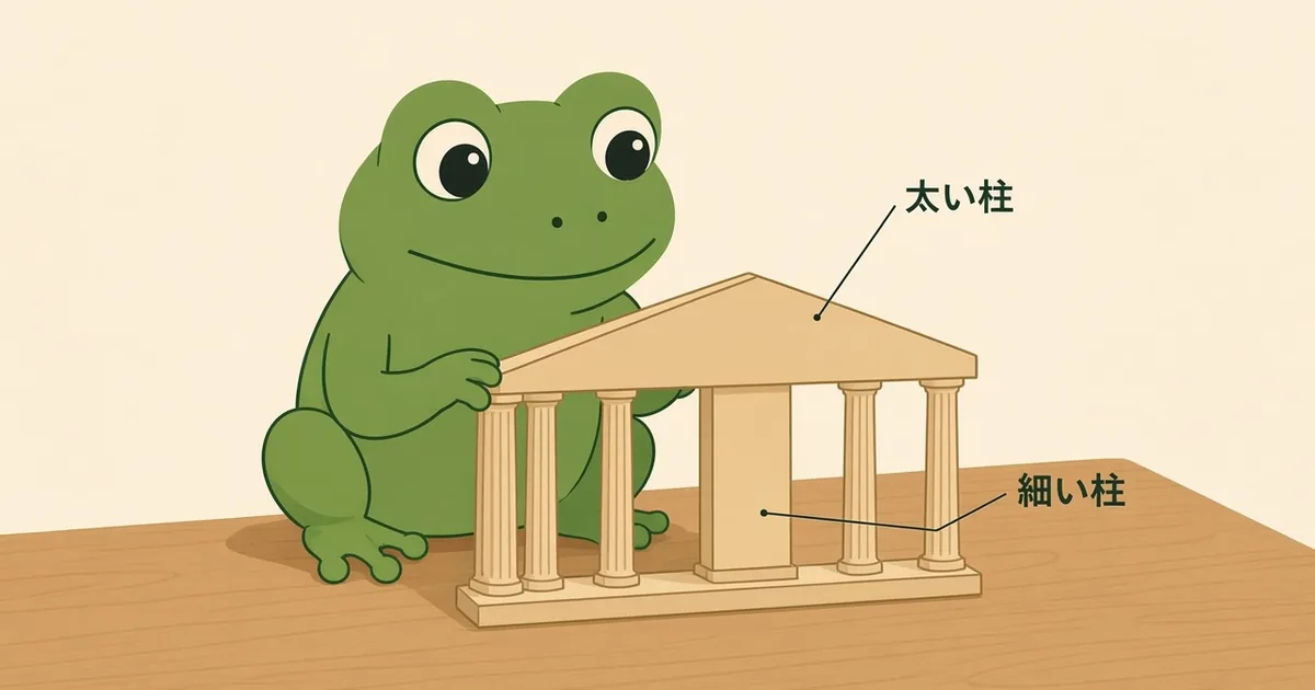太い柱と細い柱が並ぶ模型を机の上で見るカエル