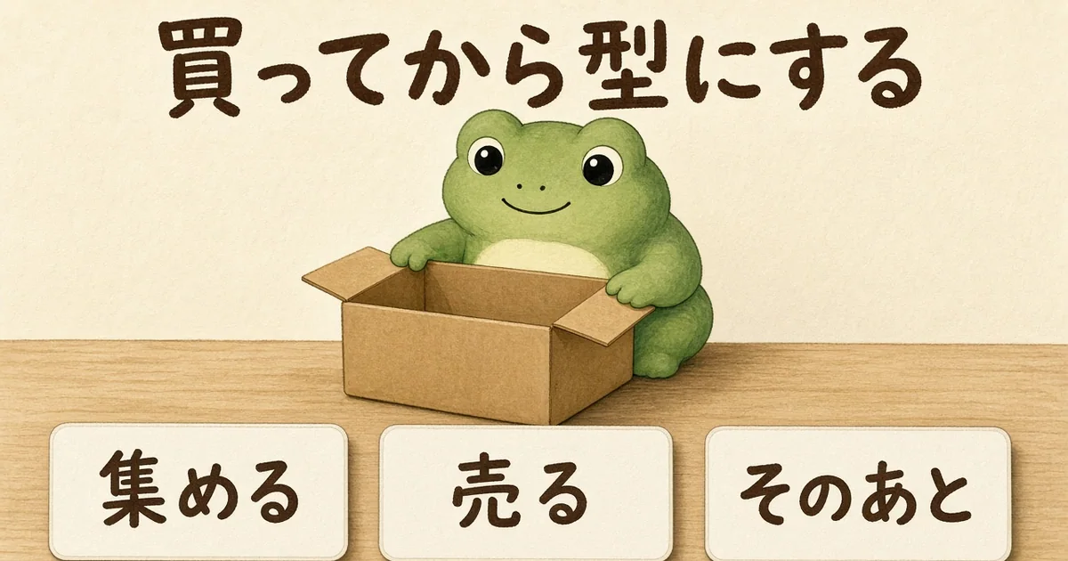 木の机でカエルが、ライバルの商品を体験しながら「集める」「売る」「そのあと」と書いた手書きのカードを順番に並べているイラスト