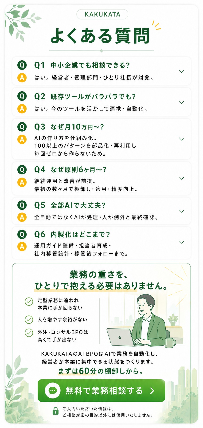 よくある質問。業務の重さを、ひとりで抱える必要はありません。まずは60分の棚卸しから。